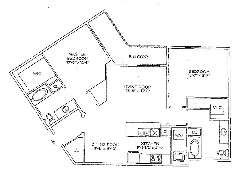 Floor plan for 2 beds, 2 baths, 1172 sqft